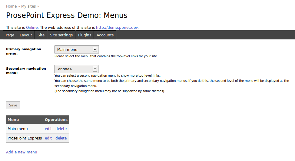 Example Menu settings page